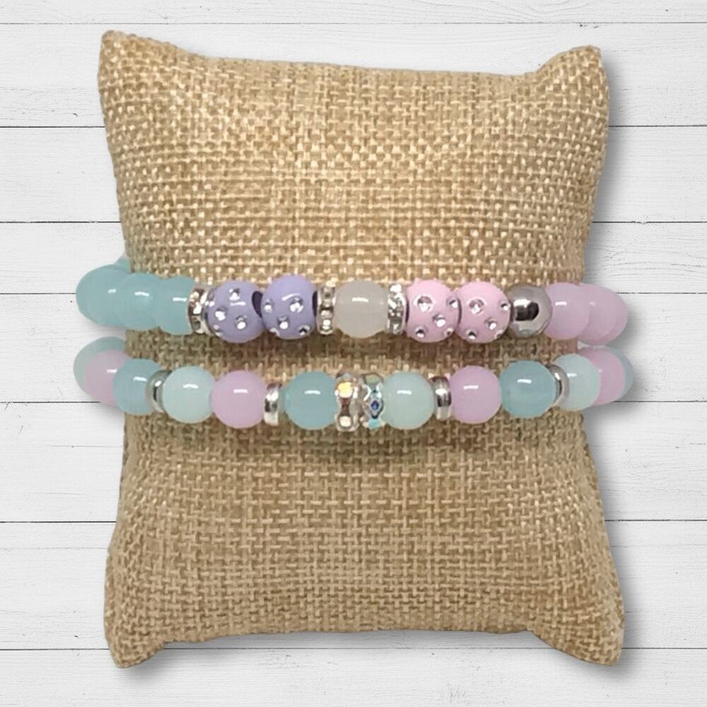 Handmade Bracelet Set Pastel Beads Beach Vibes Turtle Charm Blocked Color Design